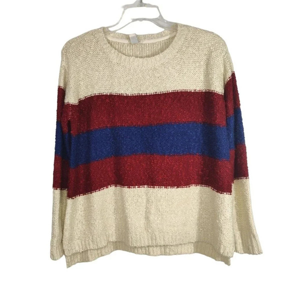 Forever 21 Tan Red Blue Striped Boxy Knit Sweater Women Size L Long Sleeve - Picture 2 of 6